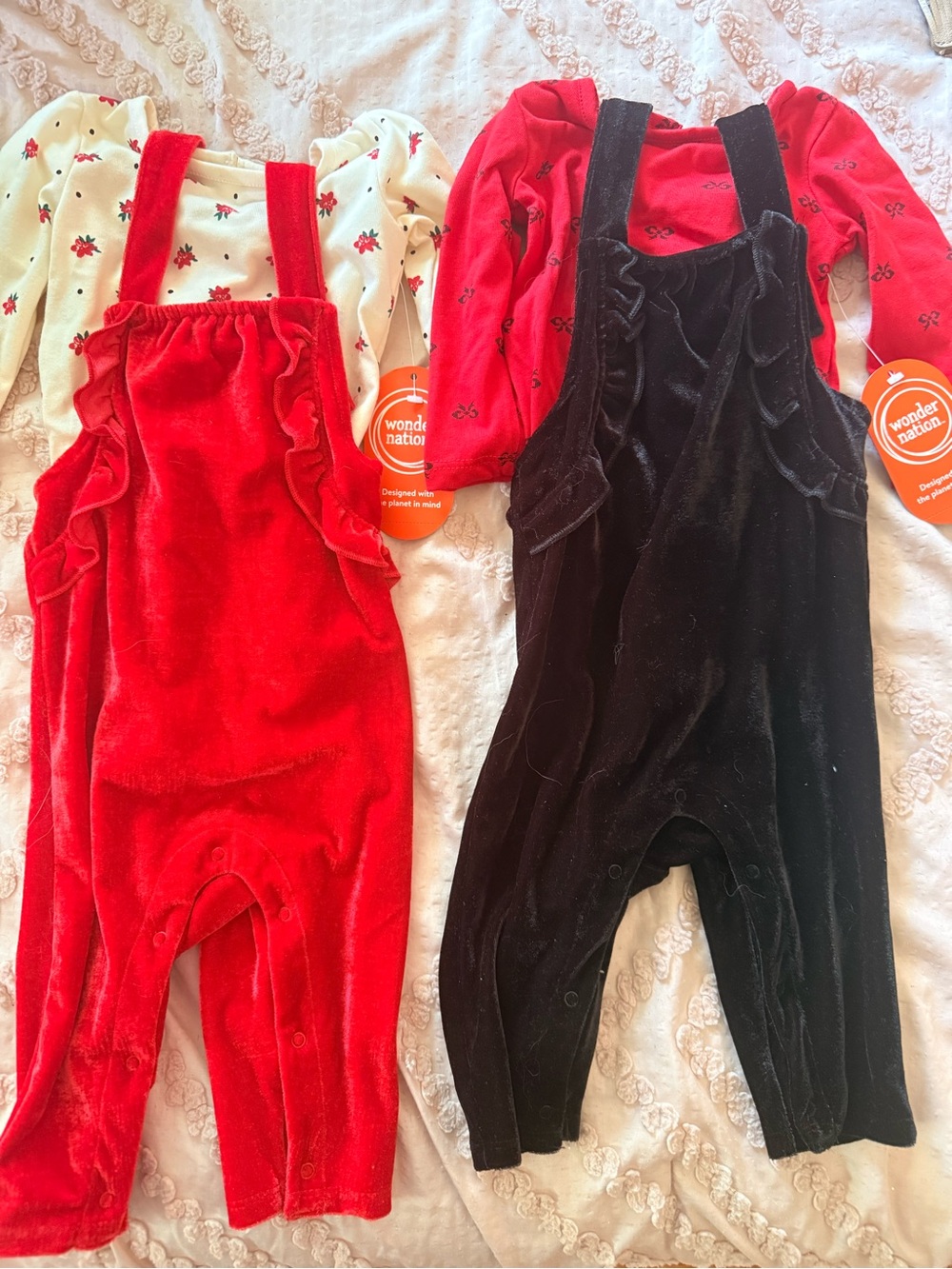 wonder nation Red & Black Velvet Ruffle Overalls Matching Sets